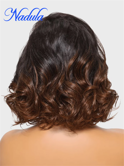 Nadula Hair 13x4 Lace Frontal Glueless Loose Wave Wig Chestnut Brown Ombre Spiral Curls Pre Everything Wig Short Bob Human Hair