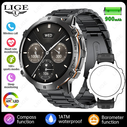 LIGE 2025 GPS Smart Watch Men Bluetooth Call 1ATM Waterproof Smartwatch Compass 1.73'' HD AMOLED 900mAh Fitness Sport Smartwatch