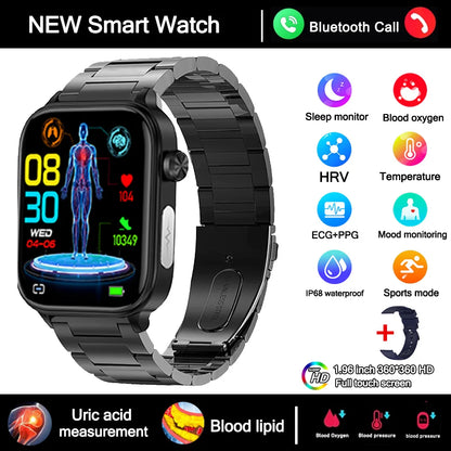 2025 New Smart Watch Diagnosis Blood Lipids Uric Acid Blood Pressure Smartwatch Men ECG+PPG Voice Bluetooth Call Health watch