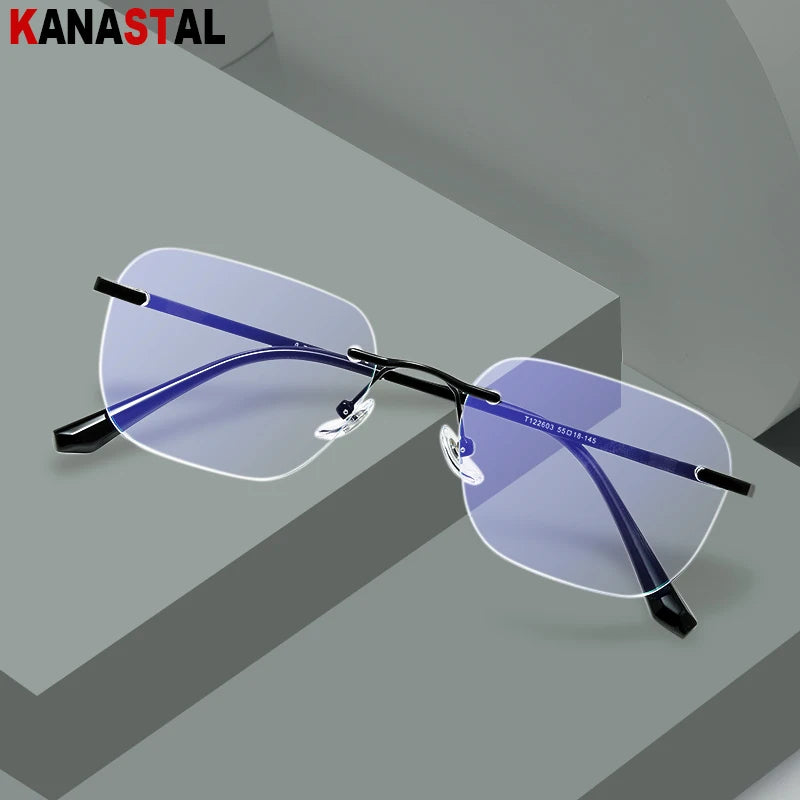 Men Titanium Rimless Eyeglasses Frame Blue Light Blocking Glasses Women Anti Fatigue Lenses Prescription Myopia Reading Eyewear