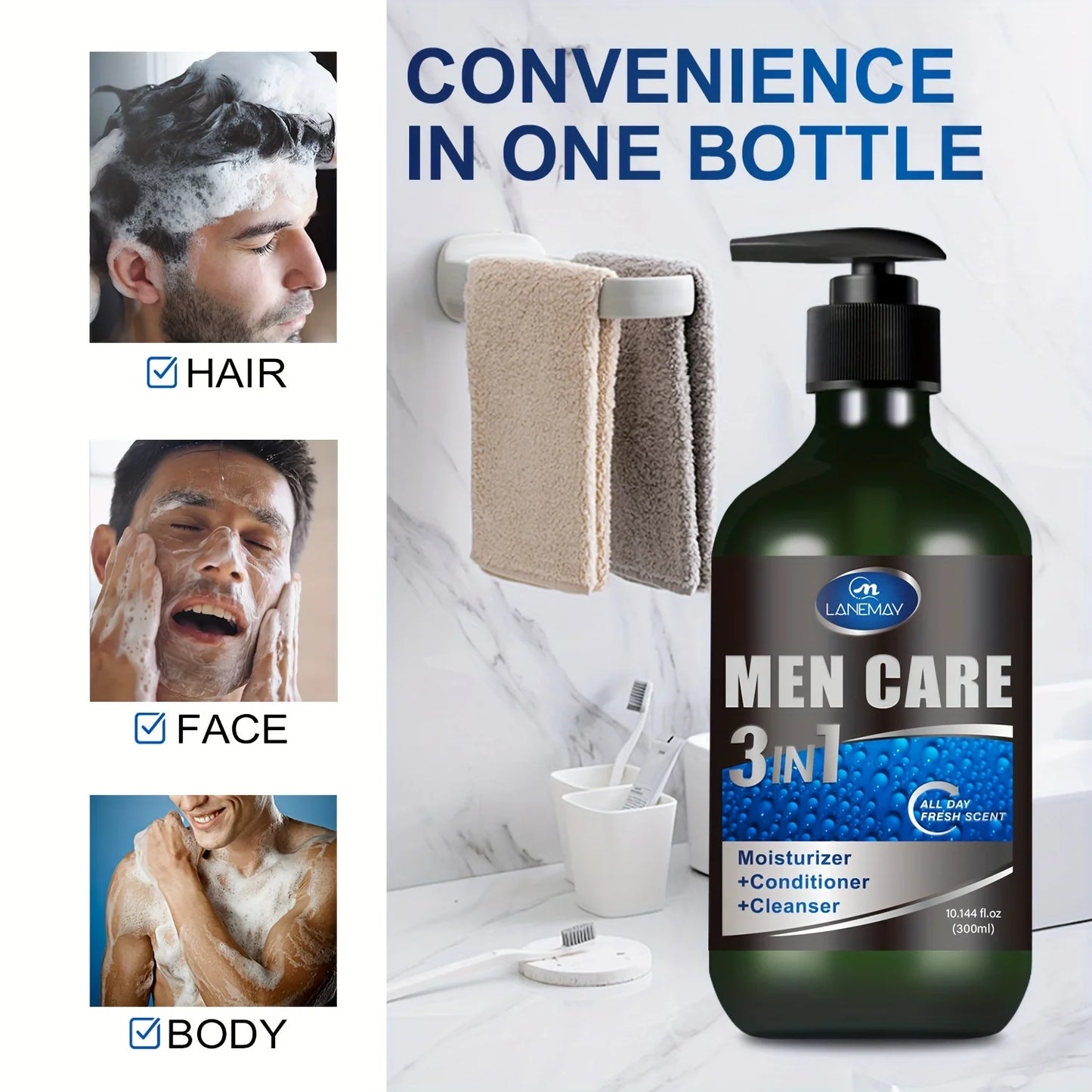 Men 3-in-1 Body, Hair and Face Wash, Rebuild Light Beige in the Shower with Plant-Based Cleansers and Moisturizers