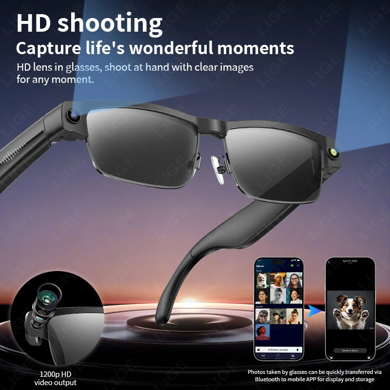 LIGE 800W Camera Glasses AI Bluetooth Glasses Call Music Video Recording Noise Reduction Headset Touch Control Smart Sunglasses