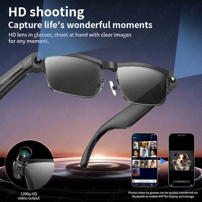 LIGE 800W Camera Glasses AI Bluetooth Glasses Call Music Video Recording Noise Reduction Headset Touch Control Smart Sunglasses