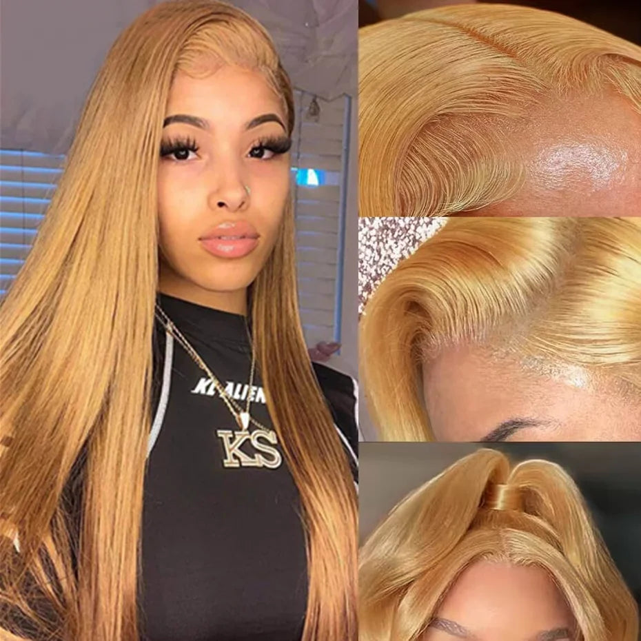 Honey Blonde Wig Human Hair Bone Straight Wigs 13x6 Hd Lace Frontal Wigs For Women 200% Density 27# Colored Lace Front Wigs