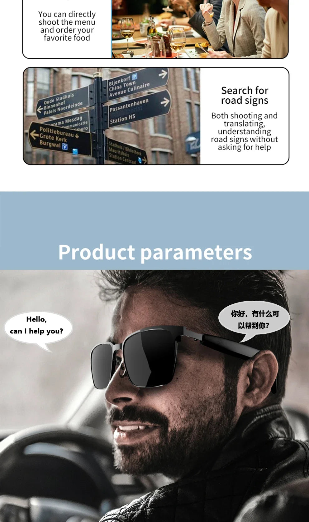 Smart Glasses SG20 Pro AI Intelligent Driver Sunglasses Touch Earphone with 144 Languages Online Translation for Men Women