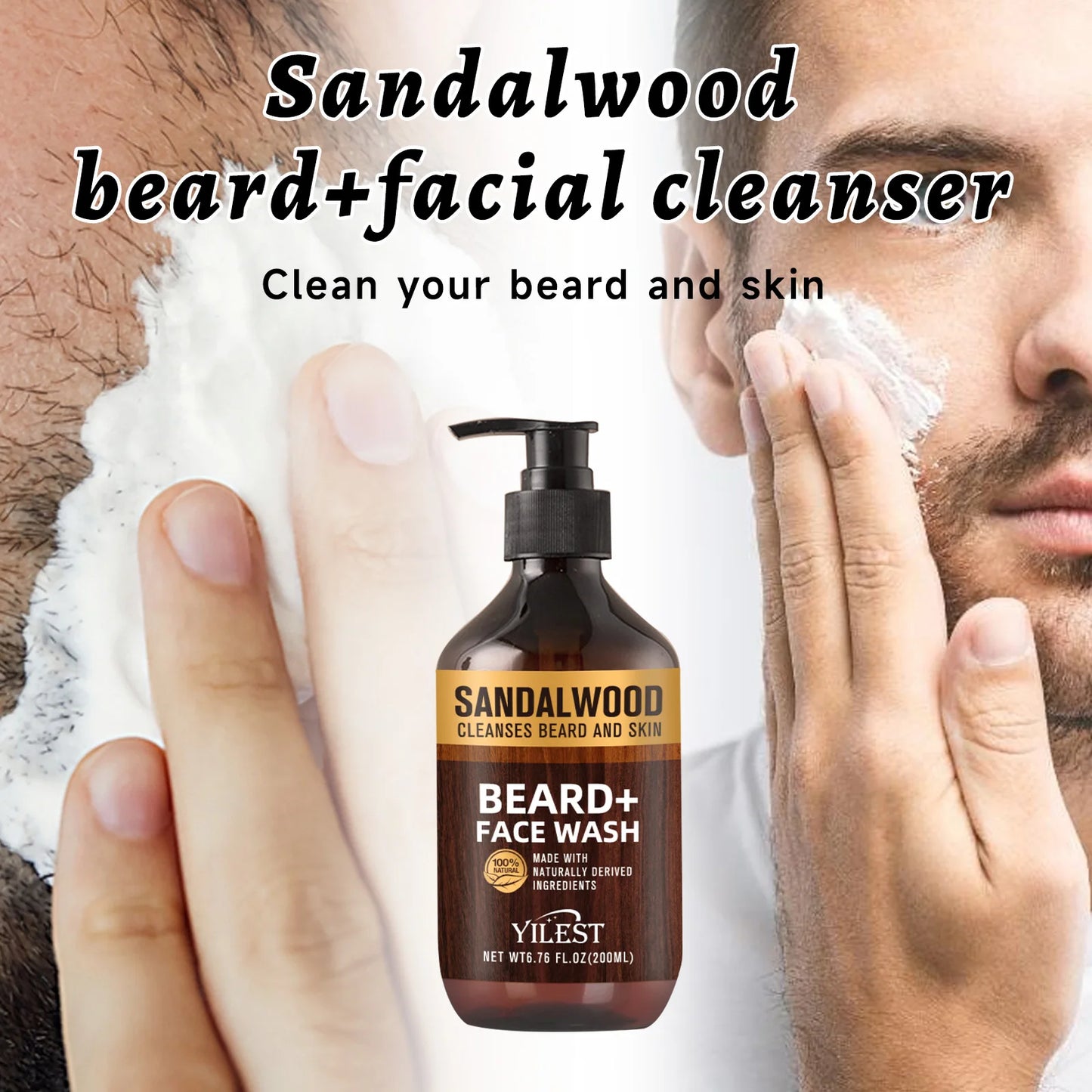 YILEST Sandalwood Beard & Face Wash for Men - 200ml Natural Cleanser with Aloe & Orange Oil, Deep Cleansing for Beard and Skin