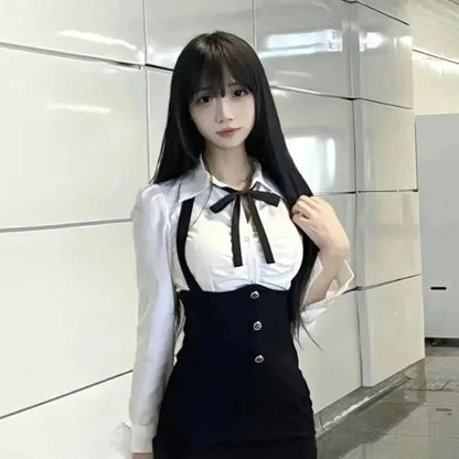 American Style Women's Spring Summer New 2023 Pleated Shirt Collar Tie Backless Hip Package Dress 2-piece Set China Origin