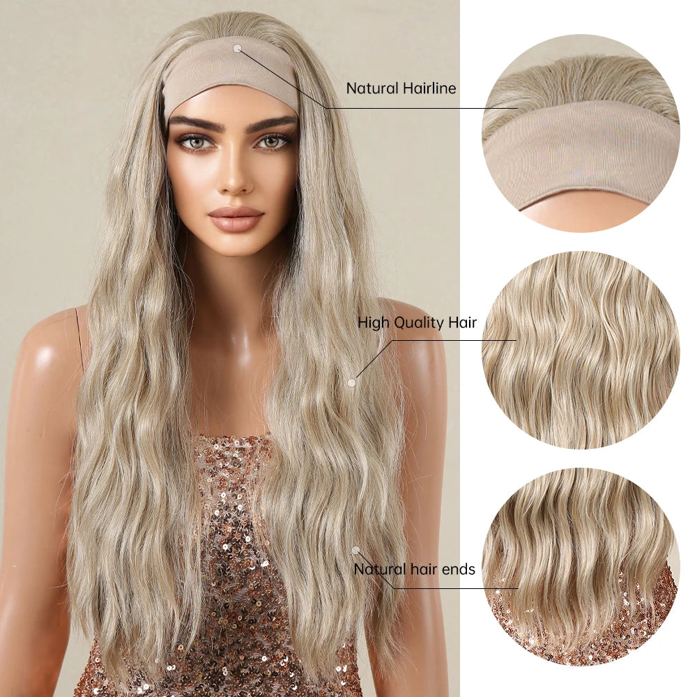 Blonde Synthetic Headband Wigs Long Water Wavy Wig for Women Daily Party Heat Resistant Fiber Natural Looking Realistic Hair