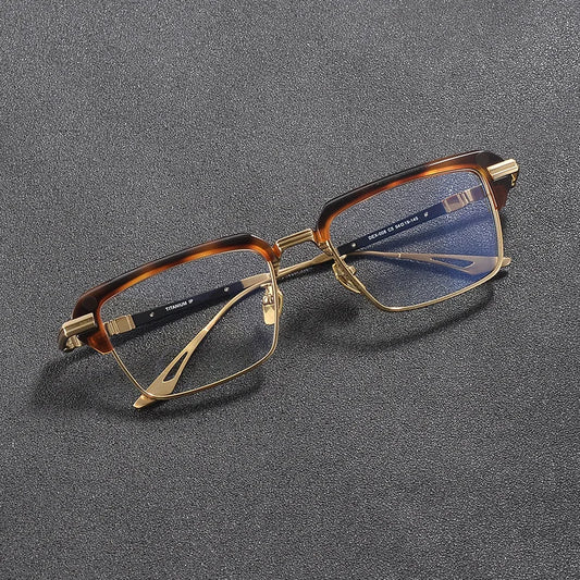 Men's Vintage Craft Tortoise Gold Square Browline Eyeglasses Frame Designer Brand Classial Titanium Optical Glasses for Male