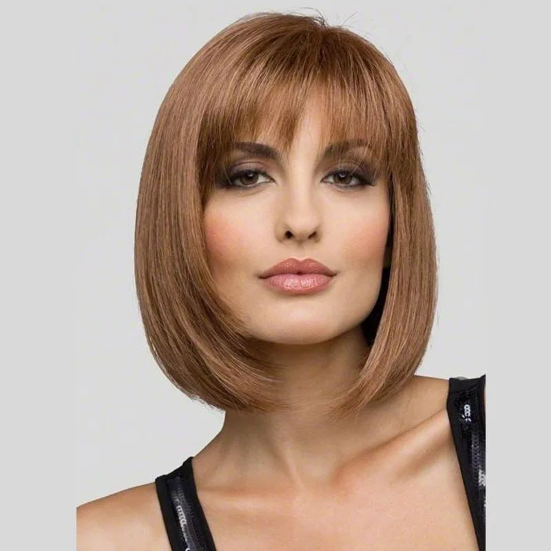 European Short Brown Wig: Trendy Layered Bob Hairpiece with Light Air Bangs for Natural Fashion Look - Synthetic Hairpiece