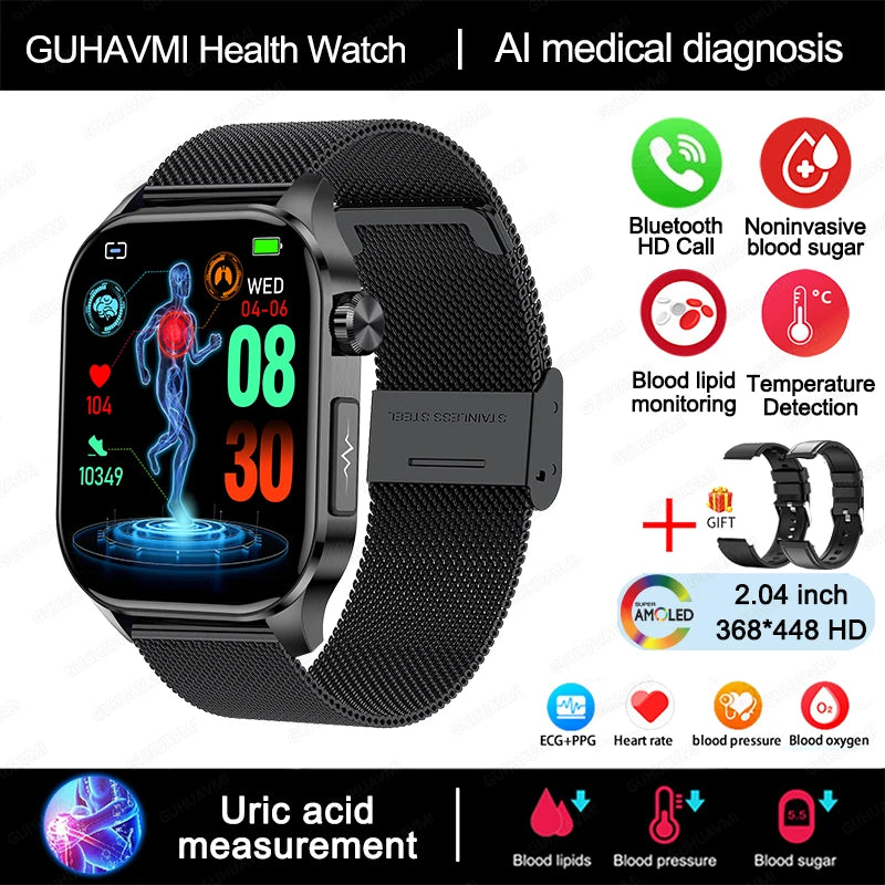 New Blood Glucose Health Smartwatch Men ECG+PPG Blood Pressure Lipids Uric Acid Sport Bluetooth Call IP67 Waterproof Smart Watch