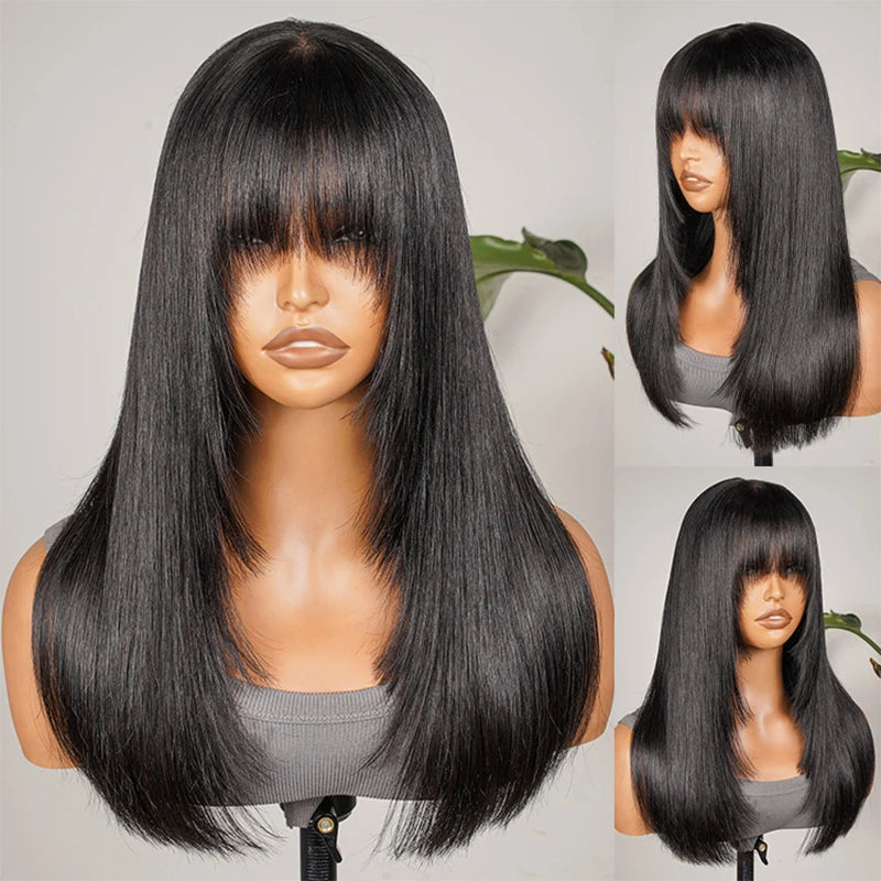 Alipearl Hair Glueless Layered Cut Wig Straight 5*7 Lace Front Wig Natural Black Human Hair Short Wig With Fringe Bangs