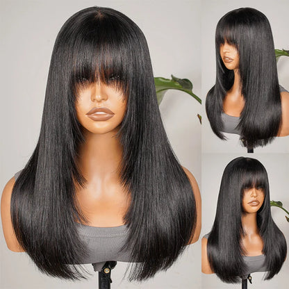 Alipearl Hair Glueless Layered Cut Wig Straight 5*7 Lace Front Wig Natural Black Human Hair Short Wig With Fringe Bangs