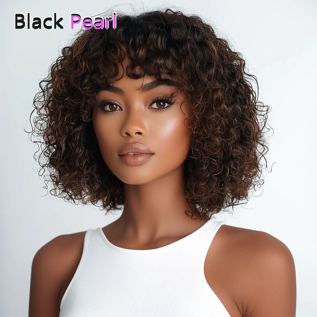 Black Pearl Jerry Curly Wig with Bangs100% Human Hair Short Pixie Cut Fringe Style Natural Curly Perruque Lightweight