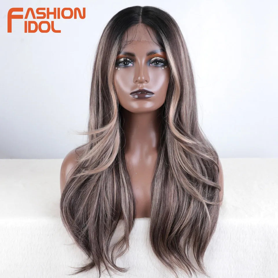FASHION IDOL 24 inch Lace Front Wigs For Women Synthetic Wigs With Baby Hair Wigs Ombre Brown Blonde Straight Lace Wigs Cosplay