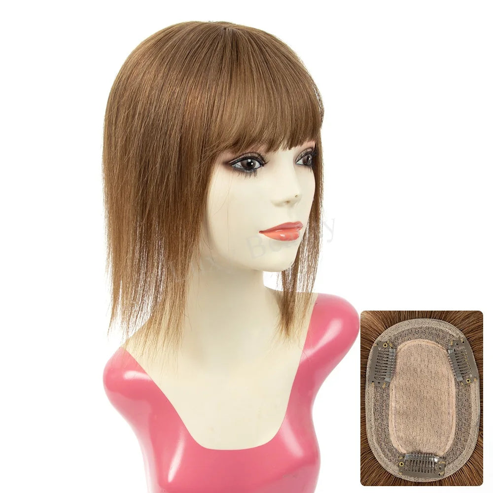 Natural Brown Human Hair Topper With Bangs Women 8X12cm Black Highlights Blonde Skin Scalp Clip in Topper Hair Pieces Human Hair