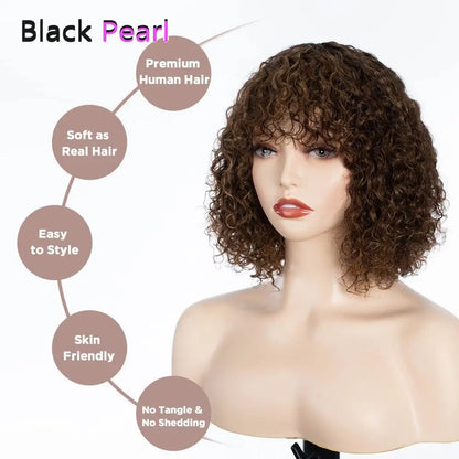 Black Pearl Jerry Curly Wig with Bangs100% Human Hair Short Pixie Cut Fringe Style Natural Curly Perruque Lightweight