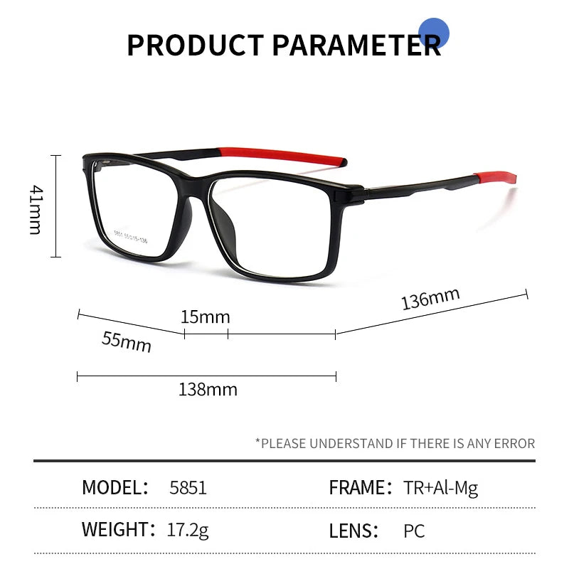TR90 Sports Men Eyeglasses Frame Prescription Eyewear Basketball Spectacles Optical Glasses Frames Aluminum Magnesium Legs