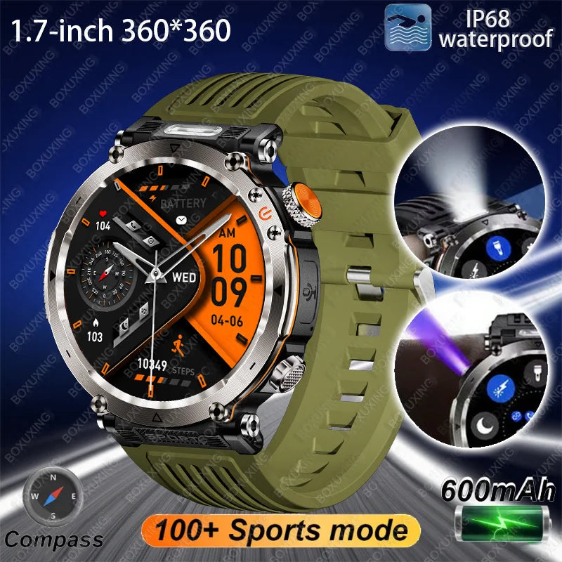 2025 New Outdoor Smart Watch Men 600mAh LED Flashlight SmartWatch Compass Bluetooth call Heart rate IP 68 Sports Smartwatch 2025