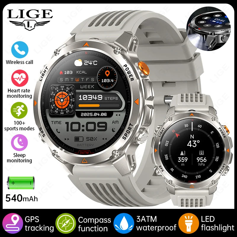 LIGE Outdoor Military Smart Watch Men 1.46" HD Screen Built-in GPS Compass Altimeter 3ATM Waterproof Clock BT Call SmartWatches