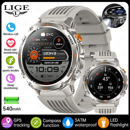 LIGE Outdoor Military Smart Watch Men 1.46" HD Screen Built-in GPS Compass Altimeter 3ATM Waterproof Clock BT Call SmartWatches