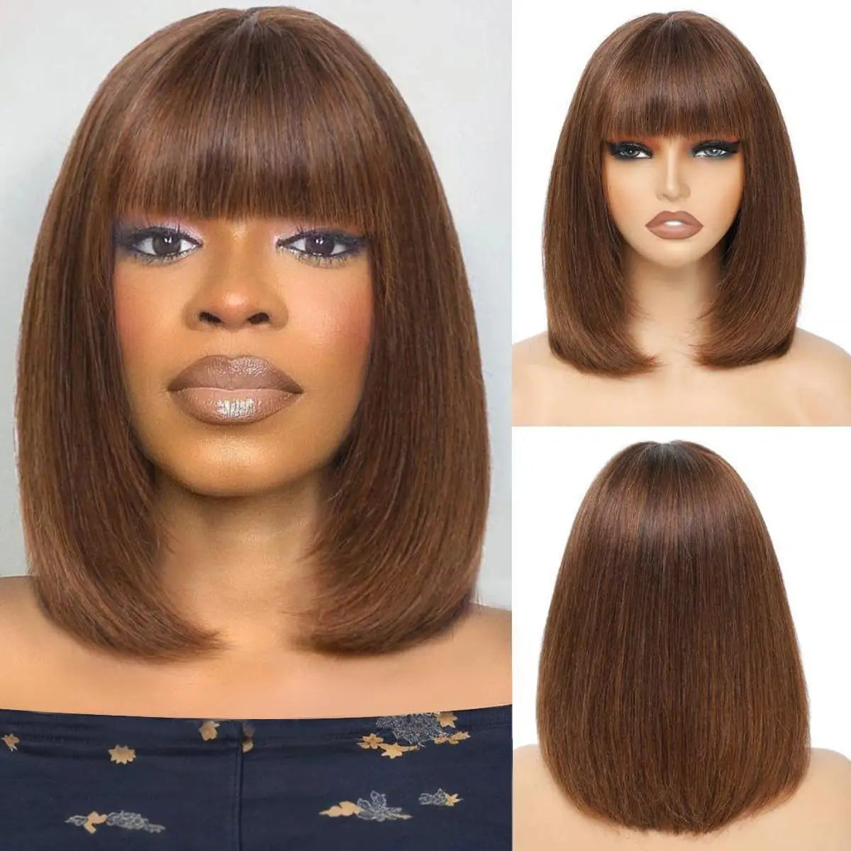 Short Bob Wig Human Hair With Bangs Straight Glueless Ready to Wear Go Wigs For Women Burgundy Machine Made Wig Brazilian Hair
