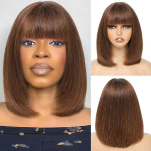 Short Bob Wig Human Hair With Bangs Straight Glueless Ready to Wear Go Wigs For Women Burgundy Machine Made Wig Brazilian Hair