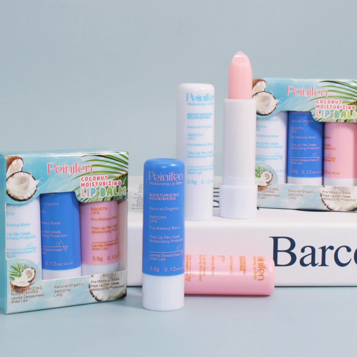 3-piece coconut moisturizing lipstick set, containing vitamin e and natural ingredients, light and non greasy