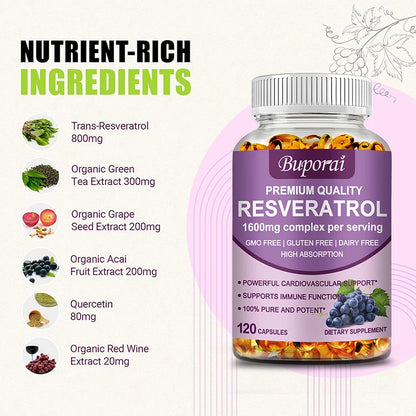 Resveratrol Capsules - Anti-aging, Antioxidant, Skin Support, Cardiovascular Health