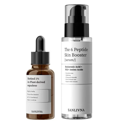 Sanlivna Korean Skincare 6 Peptide + 1% Retinol Duo - Plant Squalene Set for Wrinkles & Hydration