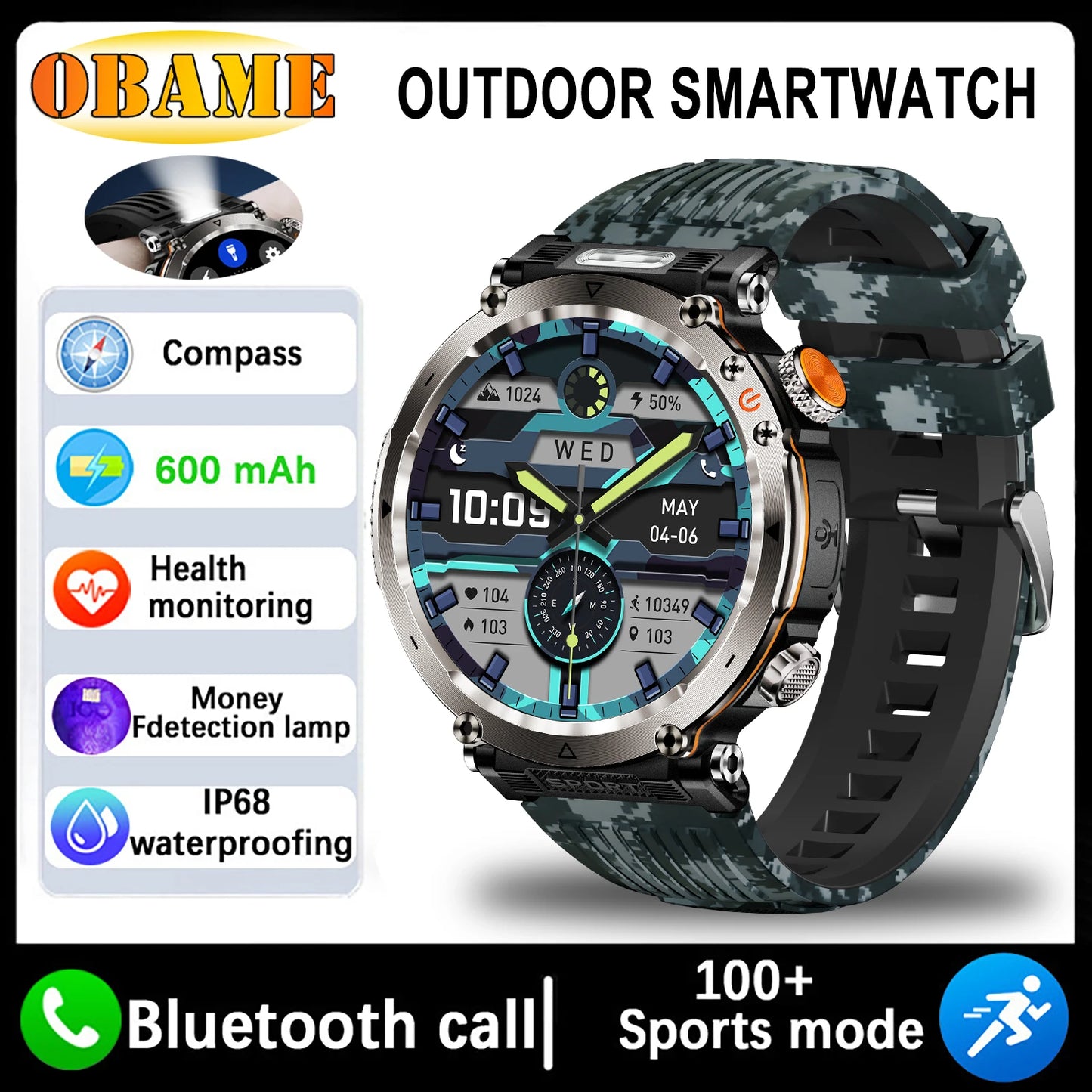 5ATM Waterproof Smart Watch Men 600mAh Outdoor SmartWatch GPS Compass Heart rate LED Flashlight Bluetooth Call Sports Smartwatch
