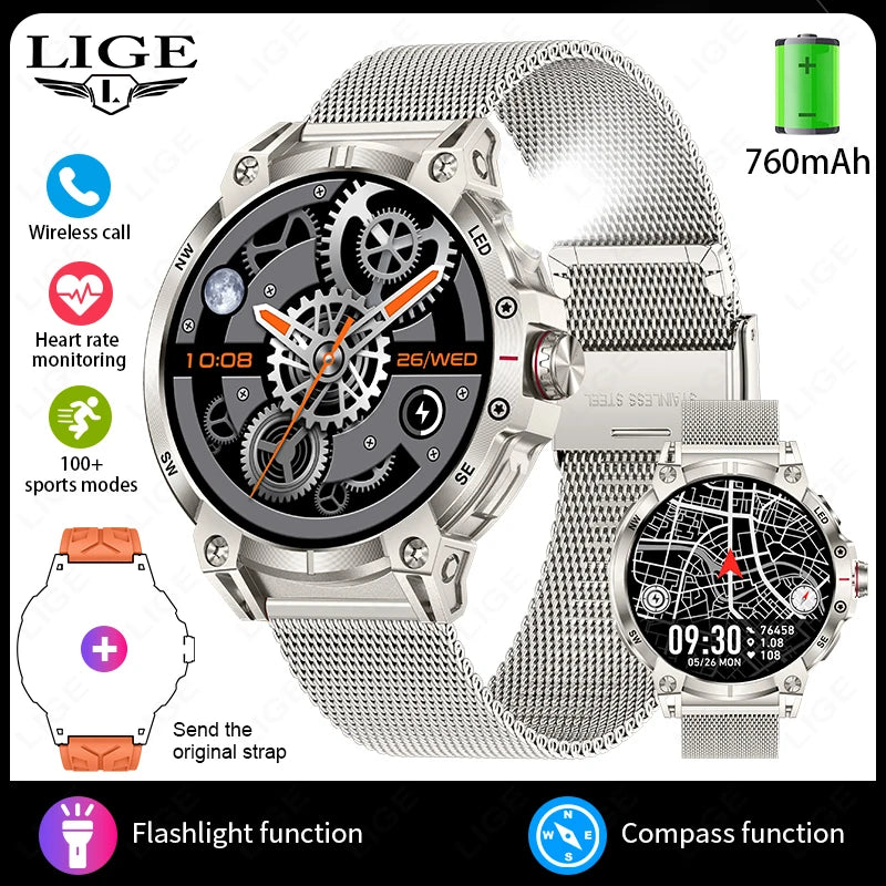 LIGE Outdoor Flashlight Smart Watch 1.85" HD Large Screen GPS Compass Bluetooth Call Fitness Sports IP68 Waterproof Smart Watch