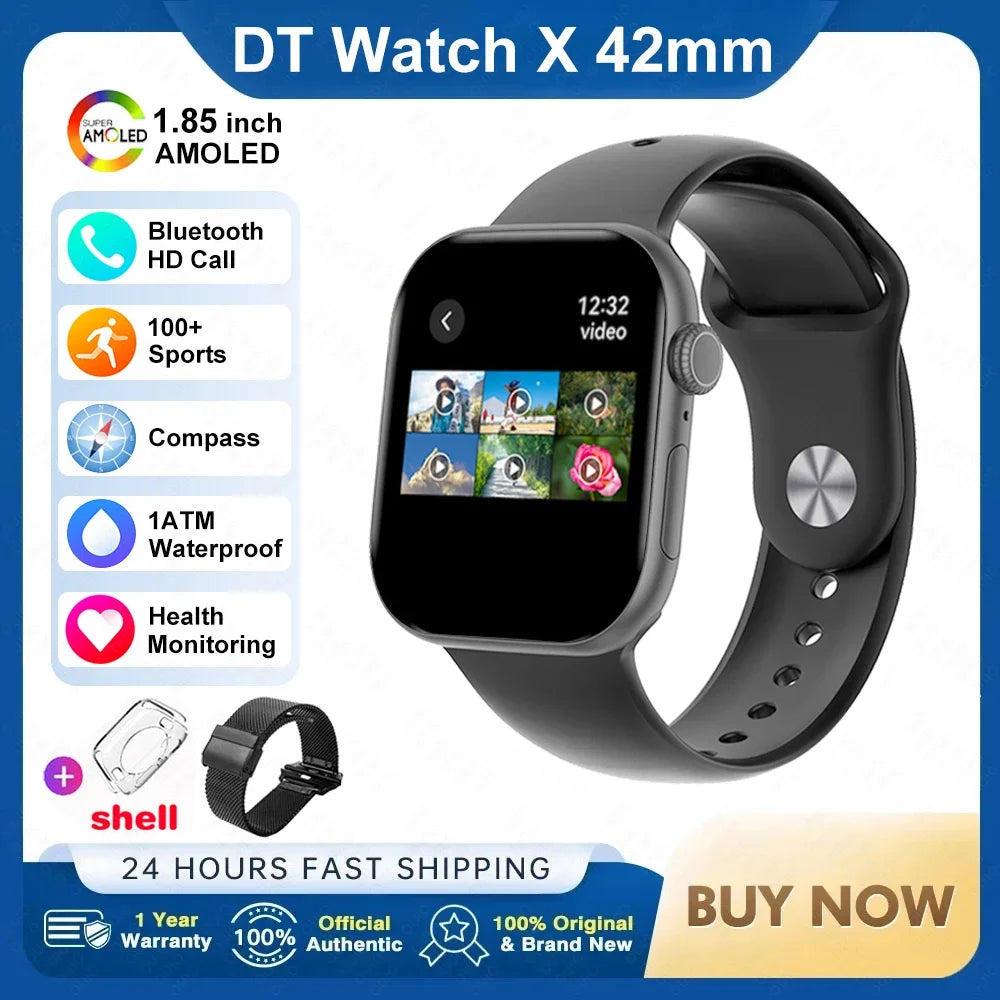 New DT Watch X Mini Smartwatch 3D Menu Video AI Voice NFC 4GB Lang Memory Compass 1.85 Inch AMOLED Super Fast Charge Smartwatch