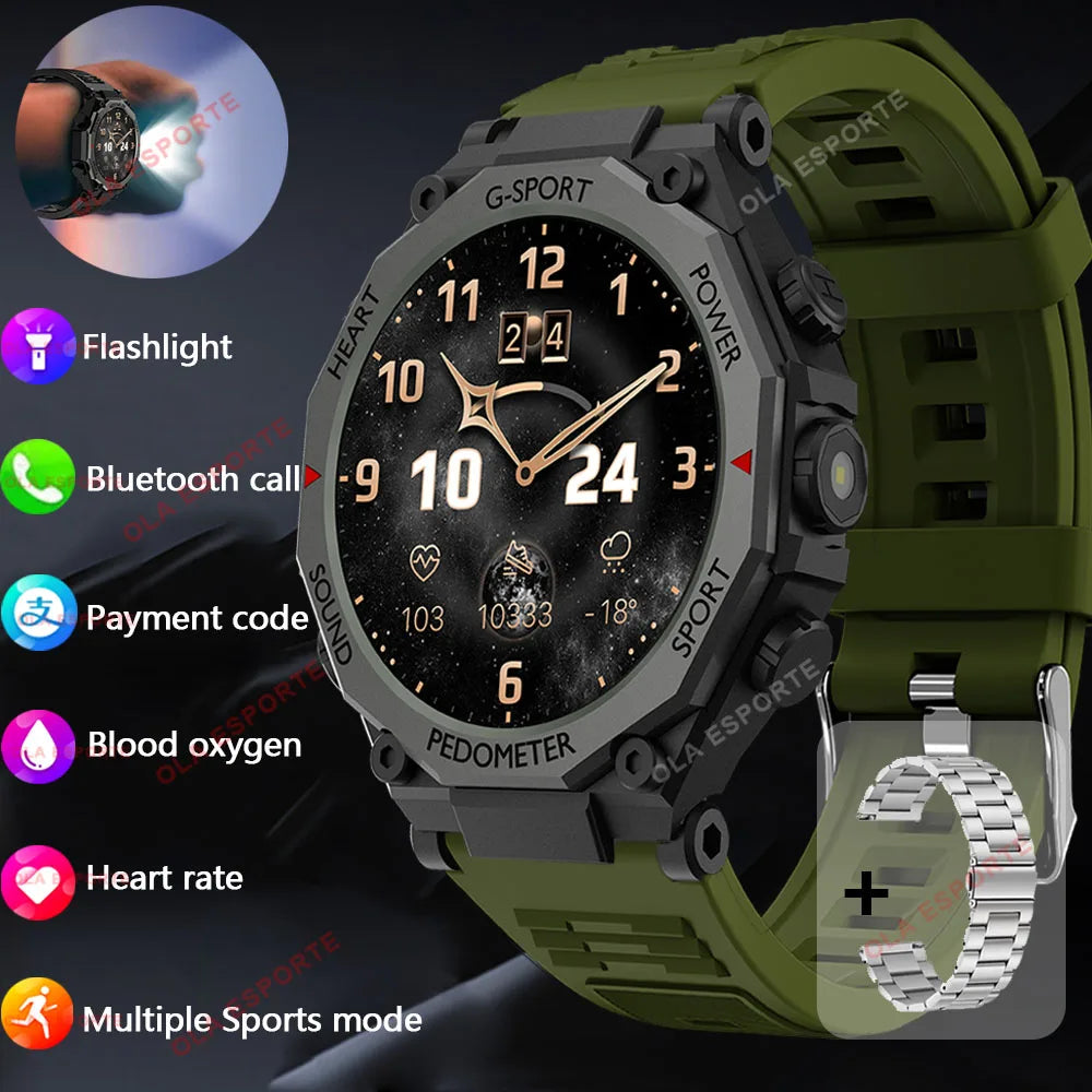 New Outdoor LED Flashlight Smart Watch Men 2025 Bluetooth Call Heart Rate Monitoring Military Sports SmartWatch For Android IOS