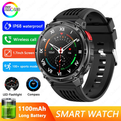 1100mAh Battery Smart Watch 1.7 Inch 360*360 AMOLED HD Screen Men Watch Compass 1ATM Waterproof Bluetooth Call Sports Smartwatch