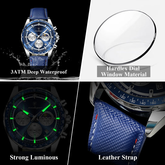 POEDAGAR Original Luxury Men Clock Fashion Luminous Waterproof Chronograph Date Watch For Man Leather Quartz Men's Watches Reloj