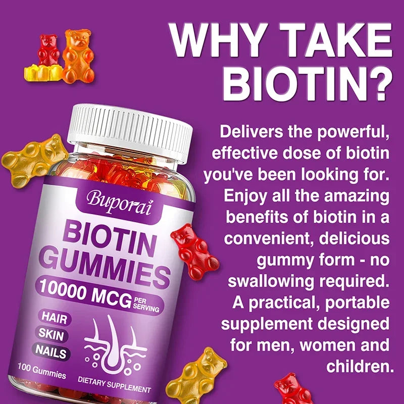 Biotin Gummies 10000mcg - Supports Healthy Hair, Skin and Nails, Boosts Immunity, and Improves Digestion and Absorption