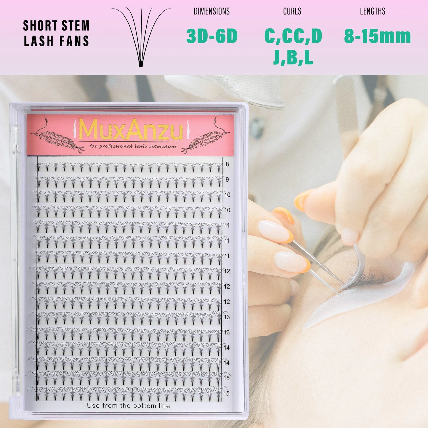 MuxAnzu Eyelash Extension Premade Lash Fans Short Stem Ultra Dark Black 3D/4D/5D/6D Makeup Wide Russian Volume cils