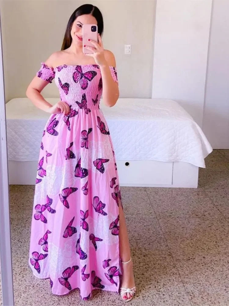 Elegant Off Shoulder Dress  Summer Fashion Dresses High Waist Flower Print Short Sleeve Vestidos Robe Clothing