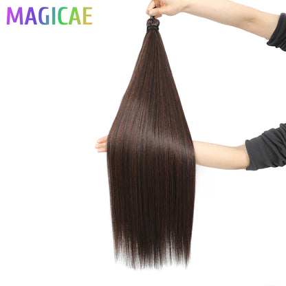Magicae Braiding Crochet Hair High Heat Resistant 3Pcs 28inches Synthetic Ombre Brown Silver White Straight Bundles Extension