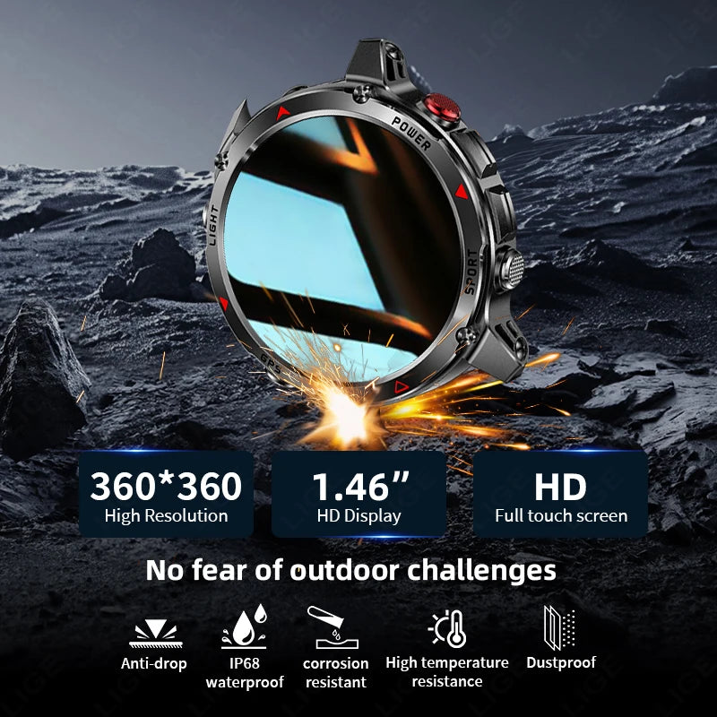 LIGE Outdoor Military Smart Watch Men 1.46" HD Screen Built-in GPS Compass Altimeter 3ATM Waterproof Clock BT Call SmartWatches