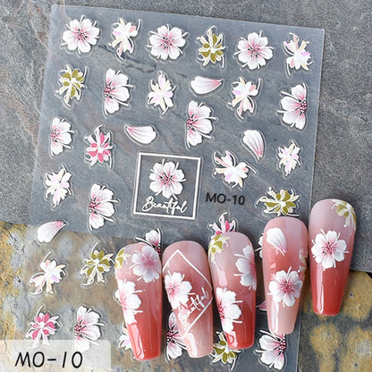 5d Embossed Nail Art Stickers Golden Lines Semi-Transparent Purple Blue Flowers Decals Decorations For Nail Tips Manicures