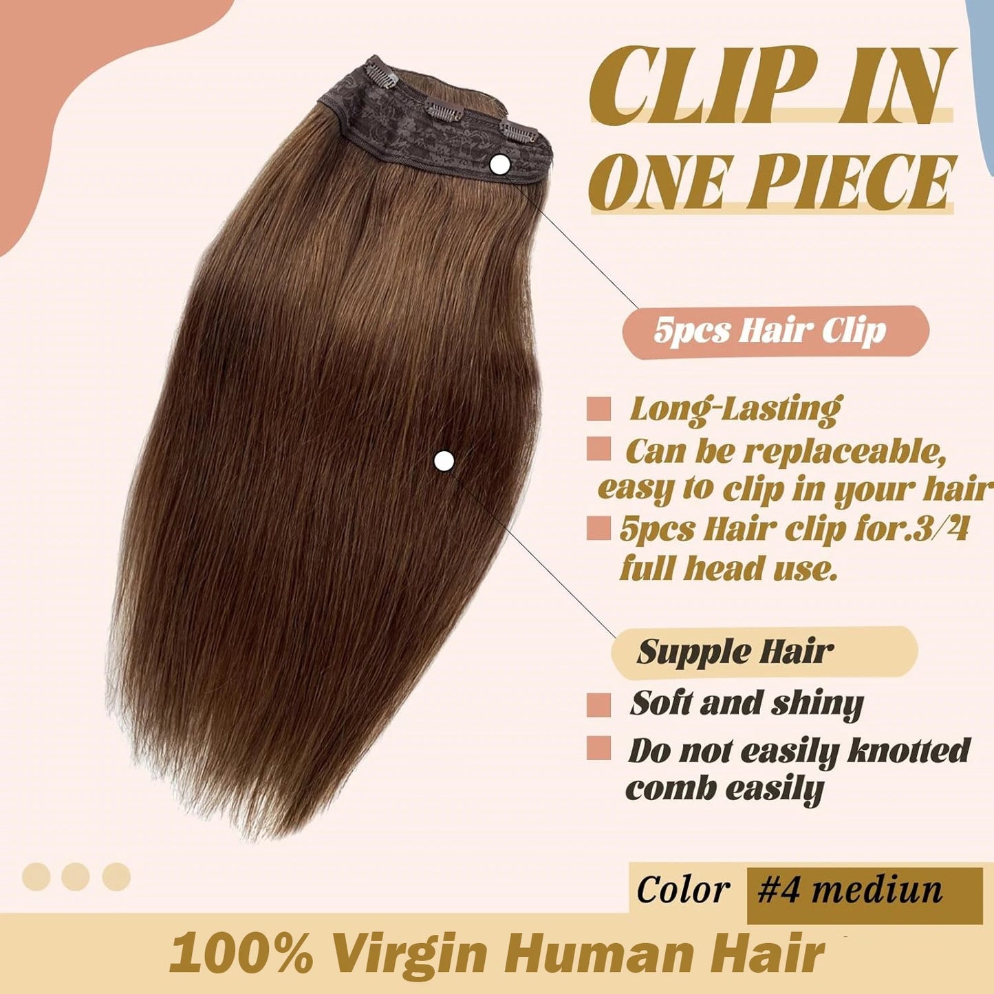 One-Piece Clip In Human Hair Extensions 1 Piece 5 Clips 3/4 Full Head #4 Medium Brown Straight Clip In Human Hair Extensions