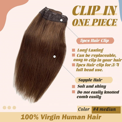 One-Piece Clip In Human Hair Extensions 1 Piece 5 Clips 3/4 Full Head #4 Medium Brown Straight Clip In Human Hair Extensions