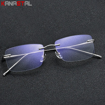 Men Rimless Prescription Glasses Reading Myopia Optical Lenses Eyewear Women Blue Light Blocking Titanium Metal Eyeglasses Frame