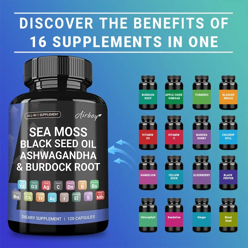 Sea Moss,Black Seed Oil,Ashwagandha & Burdock Root - Promotes Digestion, Bone and Joint Health