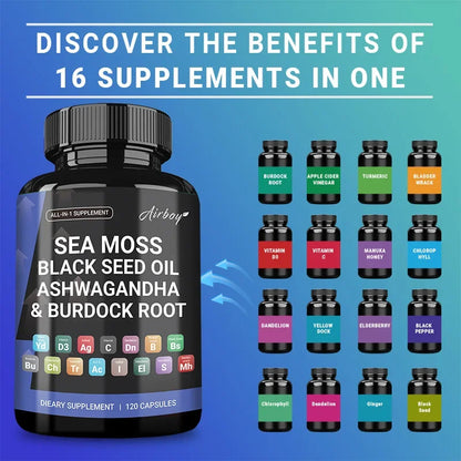 Sea Moss,Black Seed Oil,Ashwagandha & Burdock Root - Promotes Digestion, Bone and Joint Health