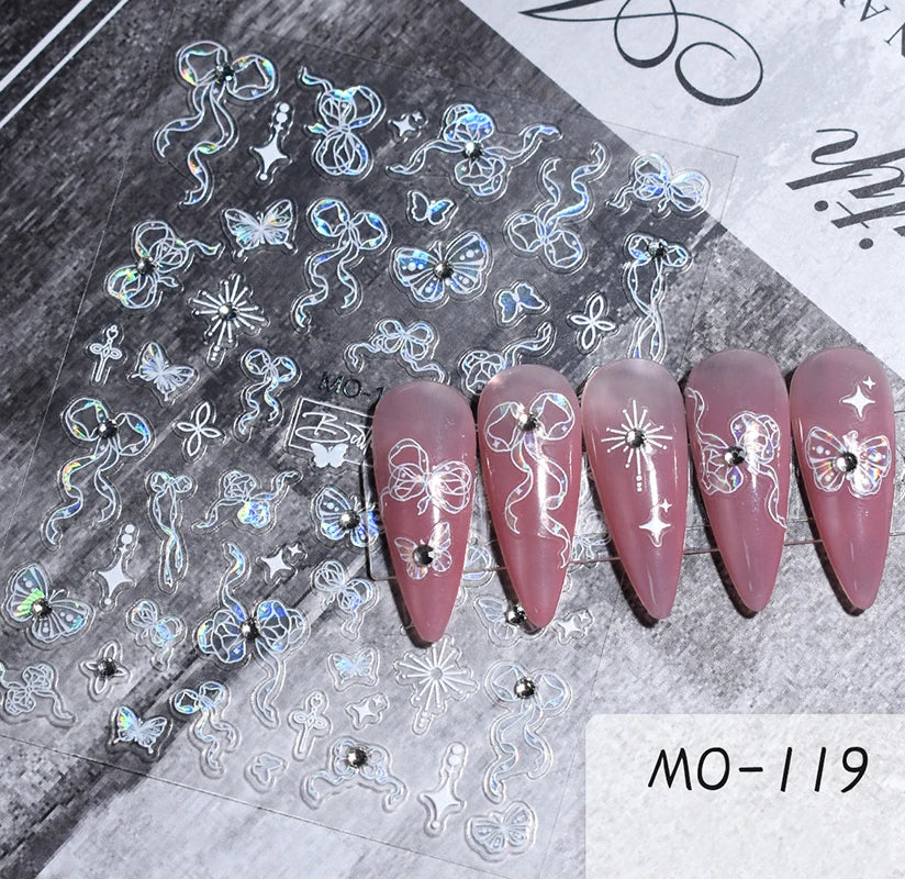 5d Embossed Nail Art Stickers Golden Lines Semi-Transparent Purple Blue Flowers Decals Decorations For Nail Tips Manicures