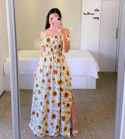 Elegant Off Shoulder Dress  Summer Fashion Dresses High Waist Flower Print Short Sleeve Vestidos Robe Clothing