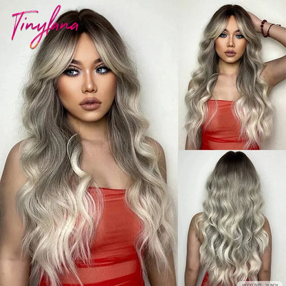 Super Long Curly Wavy Brown Synthetic Wigs with Bangs Cosplay Party Halloween Natural Afro Hair for White Women Heat Resistant